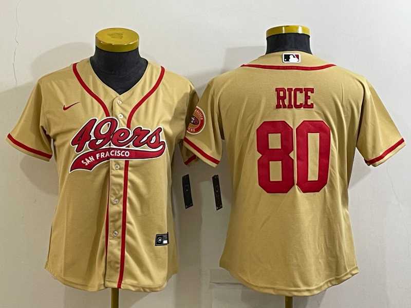Womens San Francisco 49ers #80 Jerry Rice Gold With Patch Cool Base Stitched Baseball Jersey